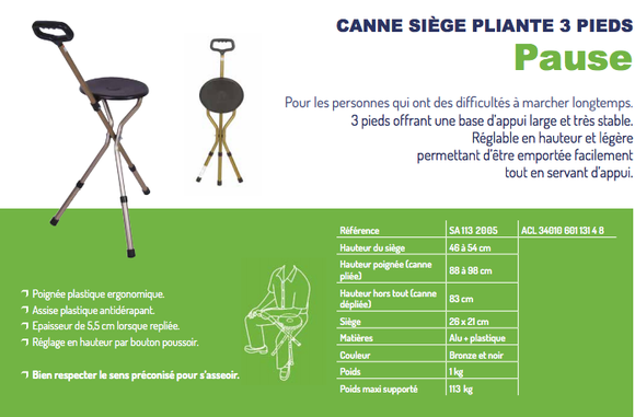 Canne siège pliante 3 pieds